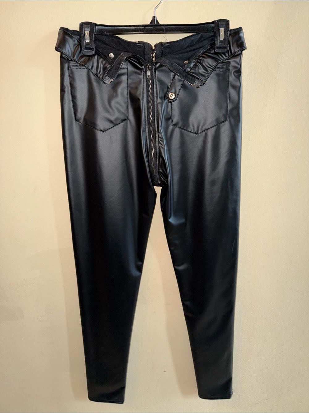 Woman’s  Black Faux Leather Jeans - Sleek Zip Front